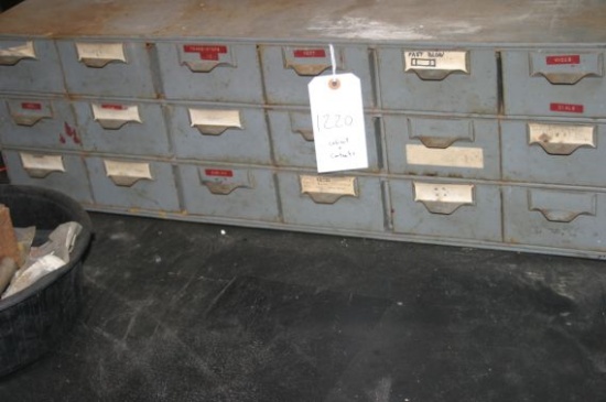 Metal 18 Drawer Cabinet and Contents. Fuses, Bulbs, Clarostat Precision Potentiometer, Capacitors, T