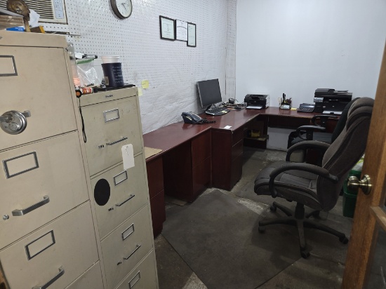 Office Furniture - 2 Desks, 2 Rolling Chairs. 2 Steel File Cabinets