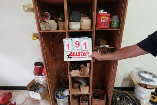 Wood Cabinet W/Misc Bolts, Labels, Brass Valves
