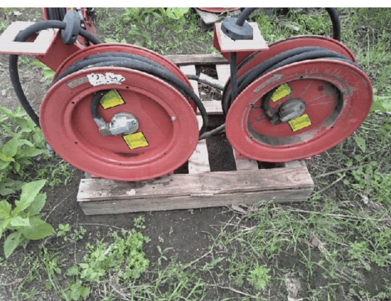 *NOT SOLD* 2 HOSE REELS WITH HOSES FOR GREASE AND OIL