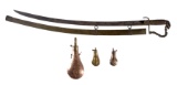 Unmarked Sword with Scabbard and Three Metal Flasks