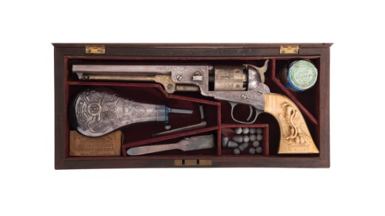 Cased Engraved, Gold & Silver Plated Colt 1851 Navy Revolver