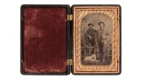 Tintype of Two Gentlemen with Dog and Colt Lightning Rifle