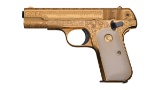 Adams Engraved 24k Gold Plated Sapphire Inlaid Colt 1903 Pistol