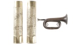 Two Trench Art Artillery Shells and One Brass Bugle