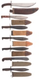 Seven American Bolo/Hewer Style Knives with Sheaths