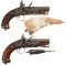 Pair of Barnett Flintlock Pistols with Powder Horns and Case