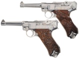 Two Luger Semi-Automatic Pistols, Matching Initials and Grips