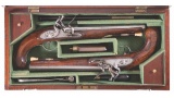 Cased Pair of Silver Mounted English Flintlock Duelling Pistols