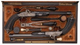 Cased Pair of Engraved and Inlaid Lefaucheux Percussion Pistols