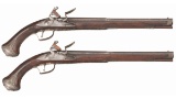 Unusual Pair of Silver Mounted Flintlock Holster Pistols