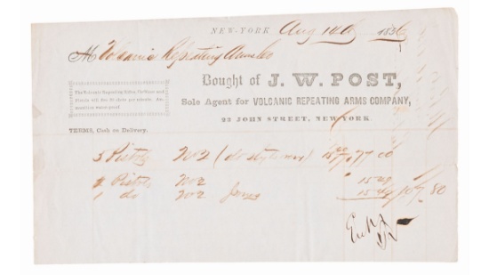 Volcanic Repeating Arms Co. Receipt for Volcanic No. 2 Pistols
