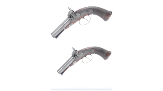 Pair of Engraved Dowling Double Barrel Percussion Pistols