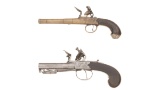 Two Engraved English Screw-Barrel Boxlock Flintlock Pistols