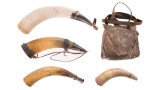 Four Powder Horns and a Leather Pouch