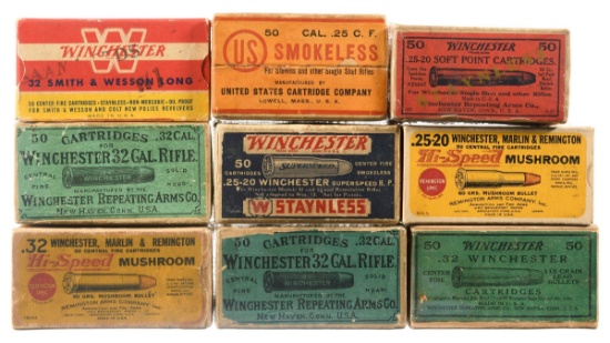 Nine Vintage Assorted Boxes of Ammunition