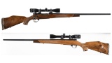 Two Weatherby Mark V Bolt Action Rifles with Scopes and Boxes