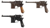 Three German Mauser Broomhandle Semi-Automatic Pistols