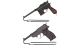 Two German Military Semi Automatic Handguns with Holsters