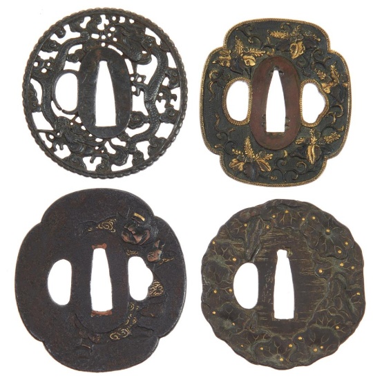 Four Ornate Japanese Tsubas with Three Wooden Cases