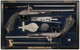 Cased Pair of Engraved & Carved Liege Percussion Target Pistols