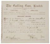 1888 Dated The Gatling Gun Limited Company Stock Certificate