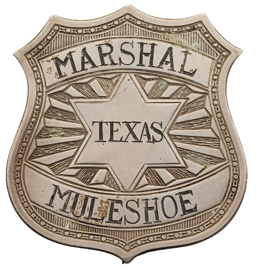 Engraved Muleshoe, Texas City Marshal Badge