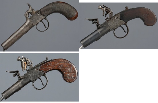Three British Engraved Boxlock Pocket Pistols