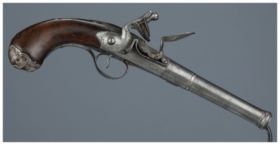 Engraved and Silver Mounted D. Wynn Flintlock Queen Anne Pistol