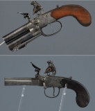 Two English Tap-Action Double Barrel Boxlock Flintlock Pistols