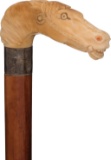 Relief Carved Horse Head Cane with Silver Band