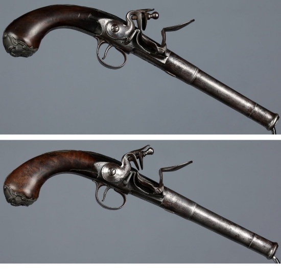Pair of Silver Mounted Buckmaster Queen Anne Flintlock Pistols
