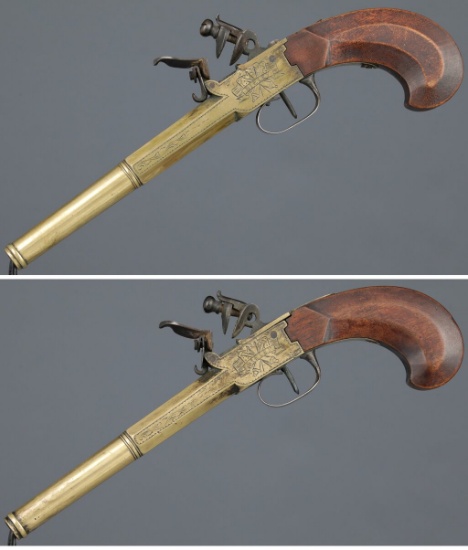 Pair of Engraved Bieley Marked Brass Boxlock Flintlock Pistols