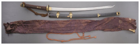 Signed Japanese Sword with Military Fittings and a Sword Bag