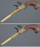 Pair of Engraved Bieley Marked Brass Boxlock Flintlock Pistols