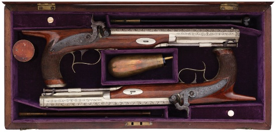 Cased Pair of English German Silver Barreled Percussion Pistols