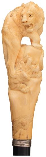 Detailed Relief Carved Lion and Tiger Cane