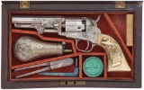 Cased Engraved Silver Colt 1849 Pocket Revolver with Carved Grip