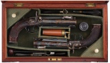 Cased Pair of J W Edge Double Barrel Pistols with Snap Bayonets