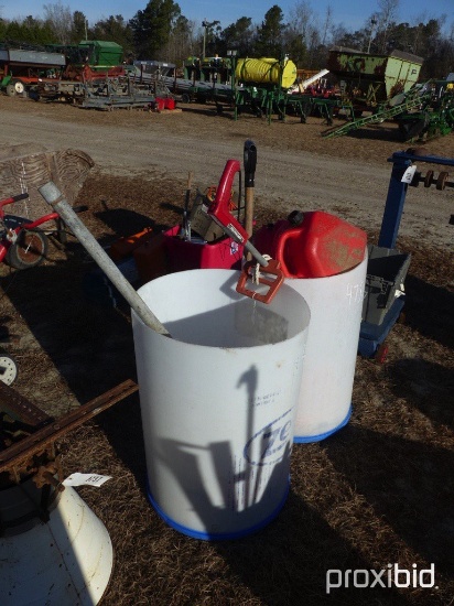 (2) PLASTIC BARRELS w/MISC CORDS, TOOLS & CANS
