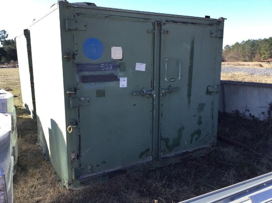 MILITARY CARGO BOX W/ TWO COMPARTMENTS & DOORS ON BOTH SIDES 7FT. WIDE X 9FT. LONG