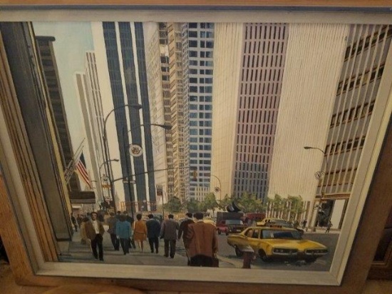 Framed “Large City Busy Downtown Scene” Oil Painting