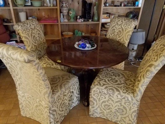 "Vintage Walnut 42in Round Table w/carved legs and 4 Matching Damask Upholstered