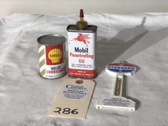 Mobil& Shell Oil Cans & Thermometer