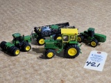 Box of 1/64 die cast John Deere tractors and sprayers and John Deere 4020 MFWD- 4 total