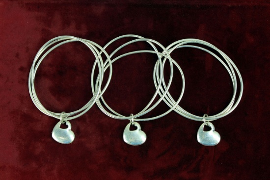 3 Sterling Silver Bracelets w/ Heart Charms