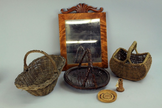 Vintage Wood Mirror w/ Carved Detail, Baskets - Woven Items