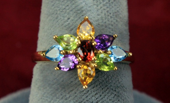 14K Gold Ladies Ring - Multi-Colored Stones, Sz 7