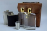 Hip Pocket Flasks and Leather Cased Set of Liqueur Flasks