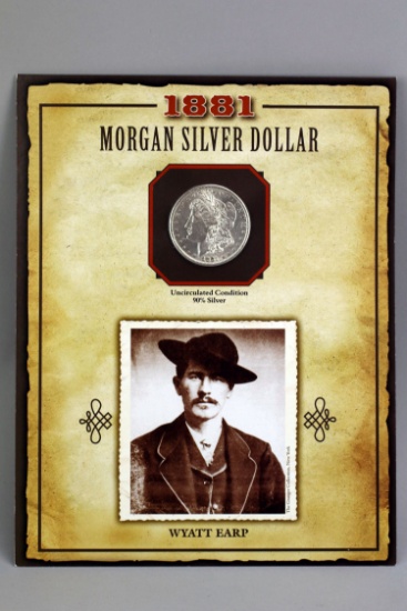 1881-S Morgan Silver Dollar, PCS Legends of West W/Stamp Wyatt Earp, unc.